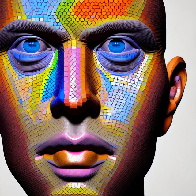 Prompt: a man's face with a multicolored mosaic pattern on it, an ultrafine detailed painting, trending on zbrush central, generative art, low poly, zbrush, behance hd