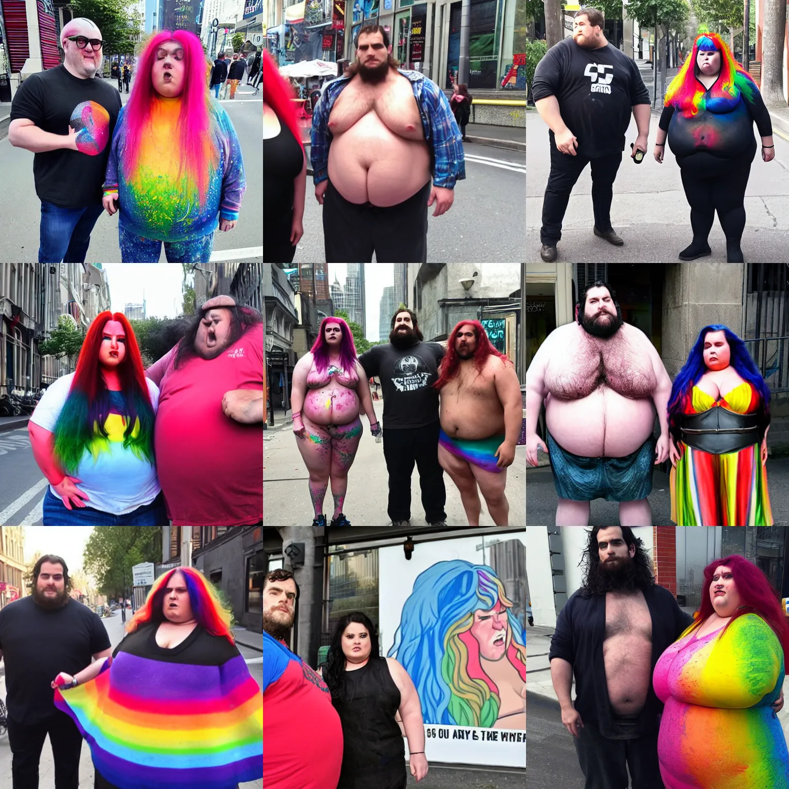 Prompt: obese henry cavill with rainbow painted long hairs, standing next to very obese angry feminist, real photograph on the street, medium shot