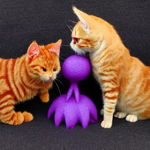 Image similar to tiny adorable purple fantasy dragon cuddles an orange tabby cat, realistic, orange tabby cuddles purple dragon, award - winning photography