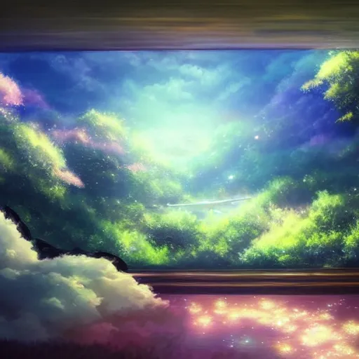 Image similar to a heavenly dream view from the interior of my cozy dream world filled with color from a Makoto Shinkai oil on canvas inspired pixiv dreamy scenery art majestic fantasy scenery fantasy pixiv scenery art inspired by magical fantasy exterior