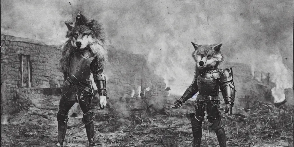 Image similar to anthropomorphic furry wolf in armor standing in front of a burning village, 1900s picture