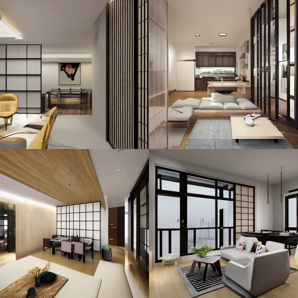 Prompt: interior of a modern japanese apartment, architectural digest, concept design, rendering