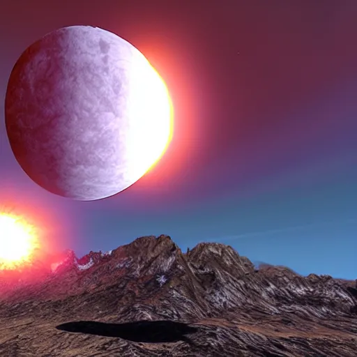 Prompt: surreal nuclear blast eclipse, small in size, rocky mountains, highly detailed, photorealistic shot, bright studio setting, studio lighting, crisp quality and light reflections, unreal engine 5, quality render