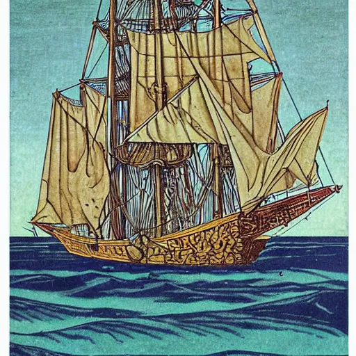 Prompt: ancient ship on the sea, colored woodcut, poster art, by Mackintosh, art noveau, by Ernst Haeckel