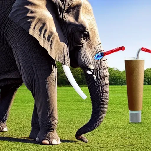 Prompt: an elephant is drinking from a straw into a can of red bull that is 4 0 feet tall