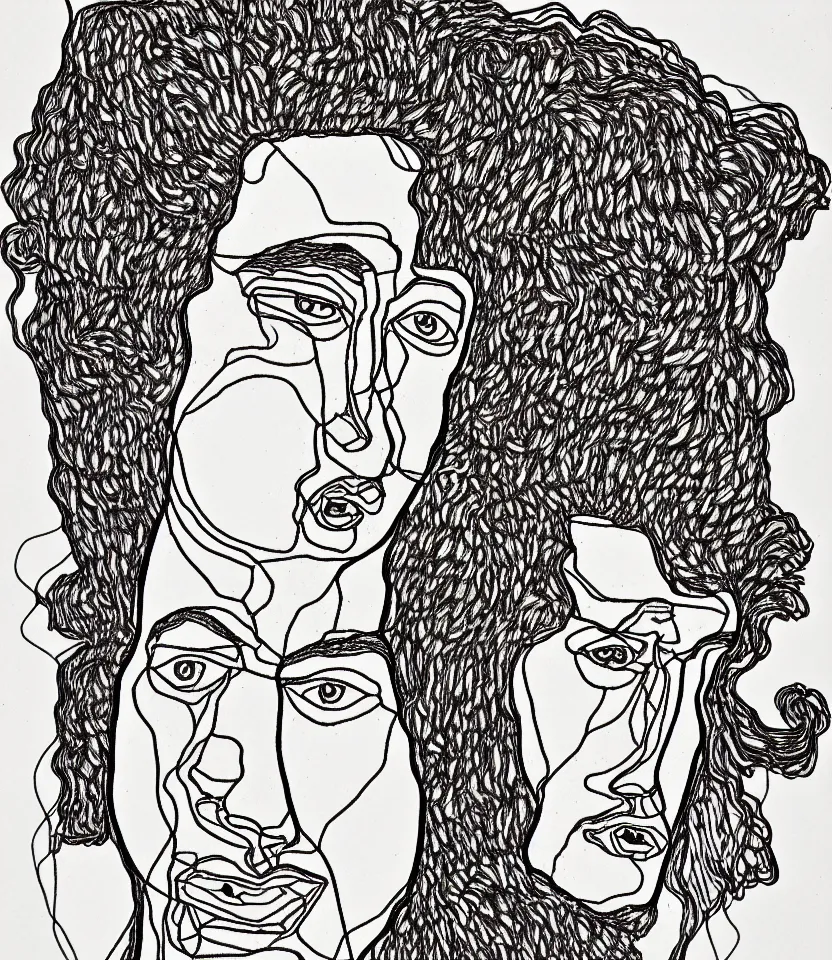 Prompt: detailed line art portrait of crazy horse, inspired by egon schiele. caricatural, minimalist, bold contour lines, musicality, soft twirls curls and curves, confident personality, raw emotion