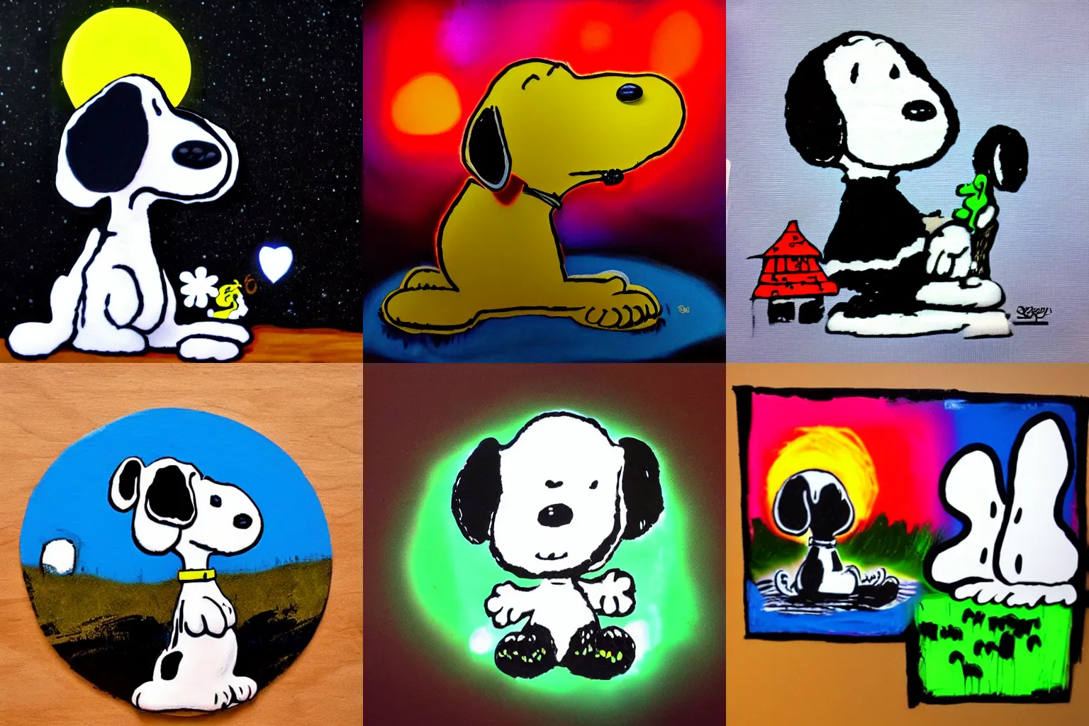 Prompt: Glow-in-the-dark finger painting of Snoopy