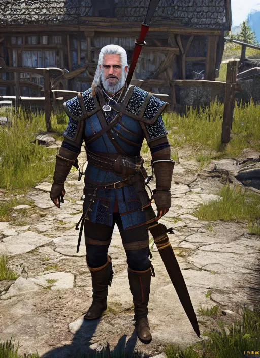 Image similar to Mel Gibson in The Witcher 3, gameplay, 8k, HD