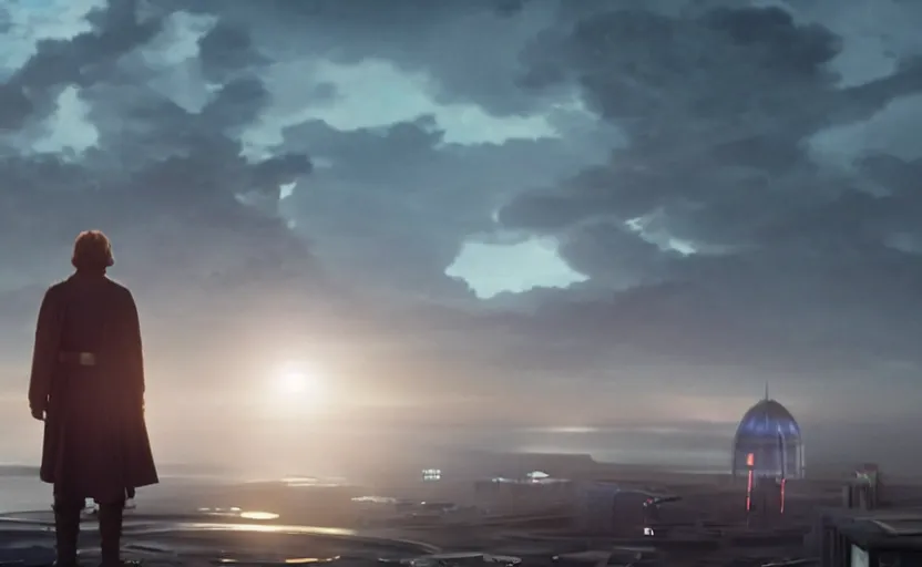 Prompt: iconic wide cinematic screen shot of luke skywalker downtrodden standing with a view of coruscant at sunset, from the thrilling scene from the hbo succession, moody cinematography, foggy volumetric lighting, hyper detailed scene, anamorphic lenses 2 4 mm, lens flare, award winning