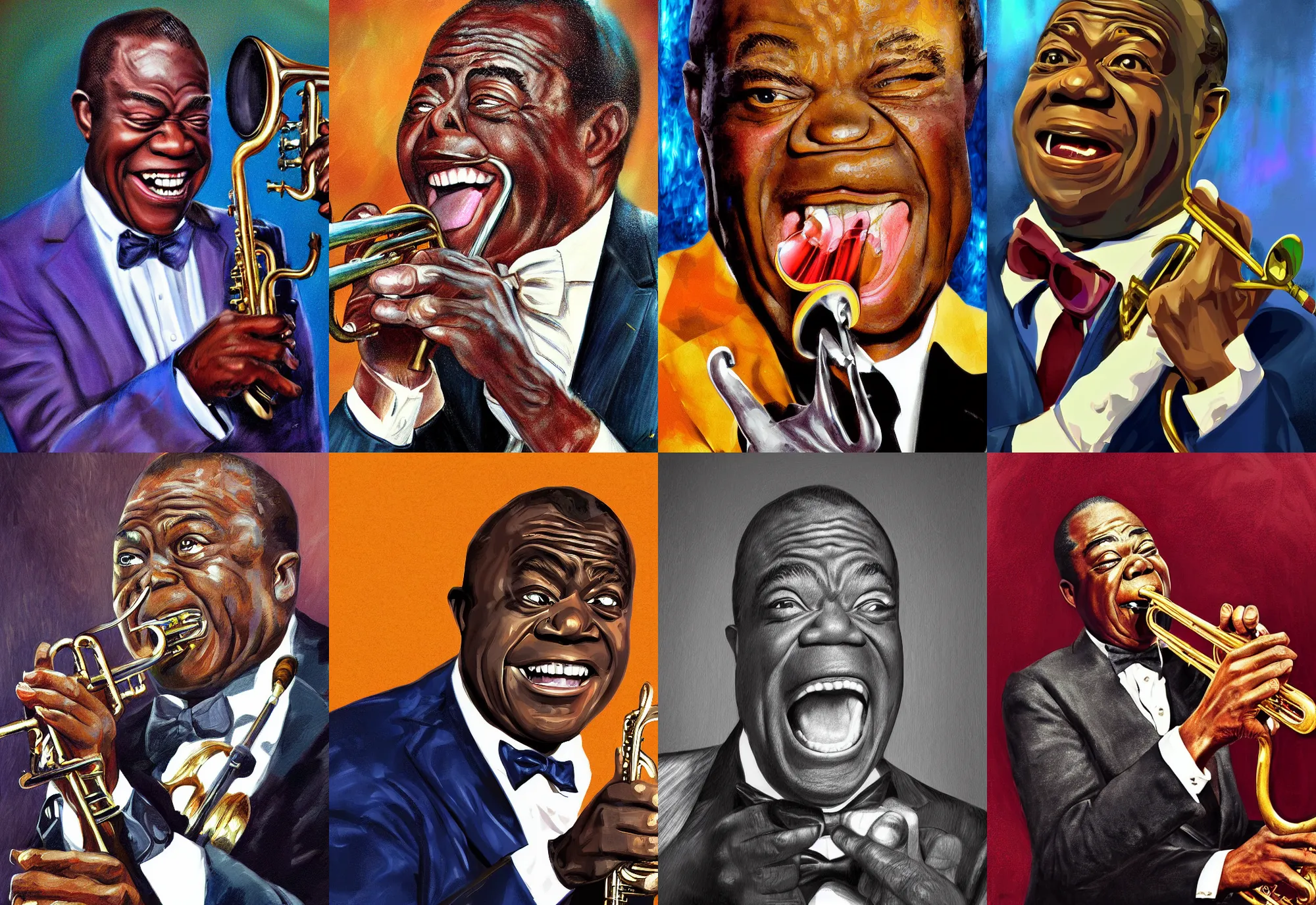 Prompt: a portrait of louis armstrong telling a joke, by neale worley, dramatic lighting, highly detailed digital painting