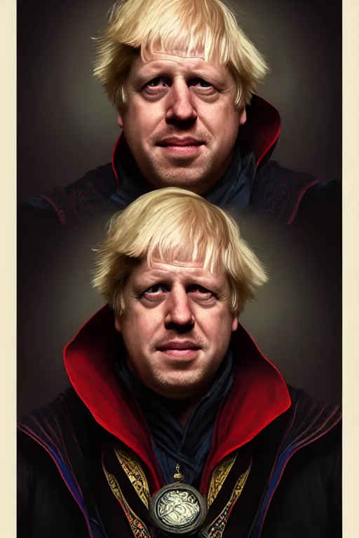 Image similar to Boris Johnson as Dr. Strange, highly detailed character in digital fantasy, painted portrait, artstation, concept art, hard focus, illustrations, works by Artgerm and Greg Rutkowski, Alphonse Mucha and Craig Mullins, James Gene, Andrey Ryabovichev, Mark Simonetti and Peter Morbacher, 16 thousand