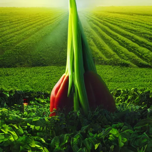 Image similar to a big giant made of vegetables standing in a field holding a large green candle above his head, photo realistic, realistic lighting, realistic reflections