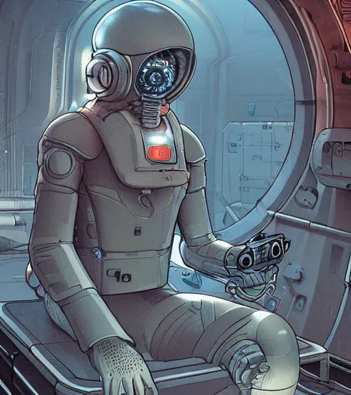 Prompt: a cybernetic realistic octopus in a space station, techwear, Industrial Scifi, detailed illustration, character portrait, by Martin Grip and Moebius