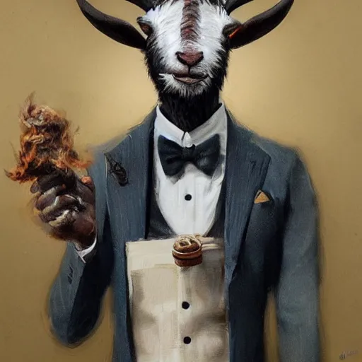 Image similar to award winning character art commission of an anthro furry humanoid goat smoking a cigar, three piece suit, character concept design, painting, detailed, vivid, trending on artstation, art by greg rutkowski