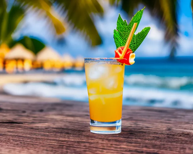 Prompt: 5 5 mm photo of best cocktail on a wooden table with beach waves and tropical flora in the background. dof. bokeh. magical atmosphere. highly detailed 8 k. intricate. lifelike. soft light. nikon d 8 5 0.