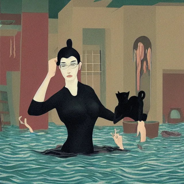 Image similar to tall female catgirl artist holding a black cat in her flooded apartment, pomegranates, octopus, water gushing from ceiling, painting of flood waters inside an artist's apartment, a river flooding indoors, mushrooms, ikebana, zen, rapids, waterfall, black swans, canoe, berries, acrylic on canvas, surrealist, by magritte and monet