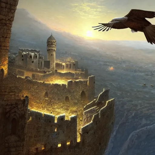 Image similar to an eagle soaring over the fortress of Masyaf by Marc Simonetti, 4K ultra-HD, very detailed