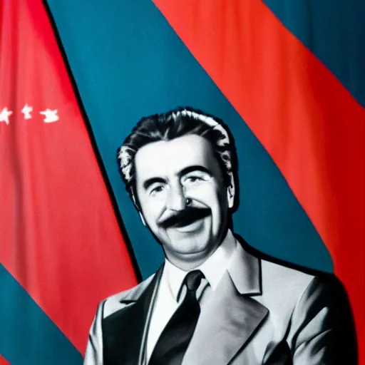 Image similar to hyper realist photograph of staline smiling and biting his lip seductively with the ussr flag behind him, close up, face picture, 4 k, very detailed