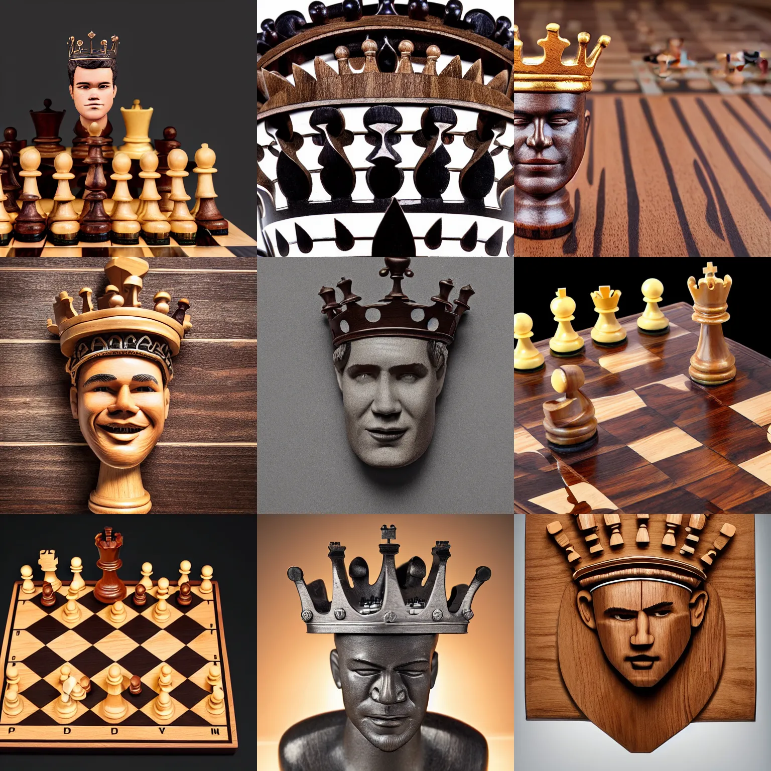 Prompt: product photograph of a chess king piece, made of wood, ( it has magnus carlsen's face ), wearing a crown, on a chess board, full piece!, highly detailed, studio lighting