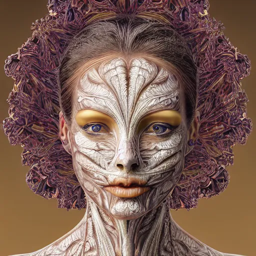 Image similar to face portrait of a beautiful woman, 150 mm, anatomical, flesh, flowers, mandelbrot fractal, veins, arteries, symmetric, intricate, golden ratio, full frame, microscopic, elegant, highly detailed, ornate, ornament, elegant , luxury, beautifully lit, ray trace, octane render in the style of peter Gric , alex grey and Romero Ressendi