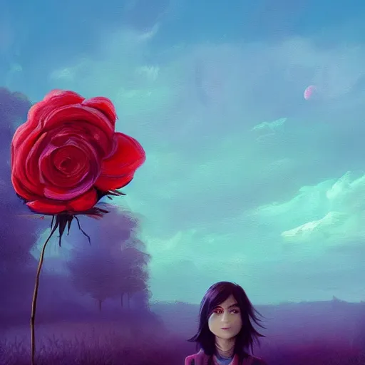 Image similar to portrait, giant rose flower head, girl in a suit, surreal photography, sunrise, blue sky, dramatic light, impressionist painting, digital painting, artstation, simon stalenhag