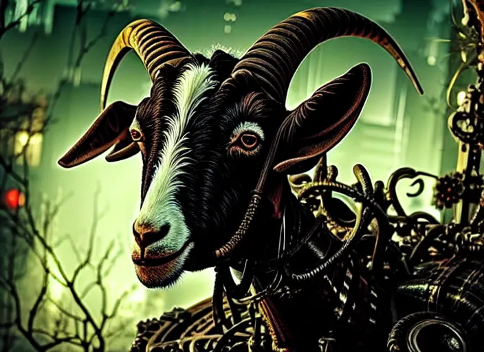 Image similar to intricate goat from overlord anime, on the background of a weird magical mechanical forest. Very detailed 8k. Fantasy cyberpunk horror. Sharp. Cinematic post-processing