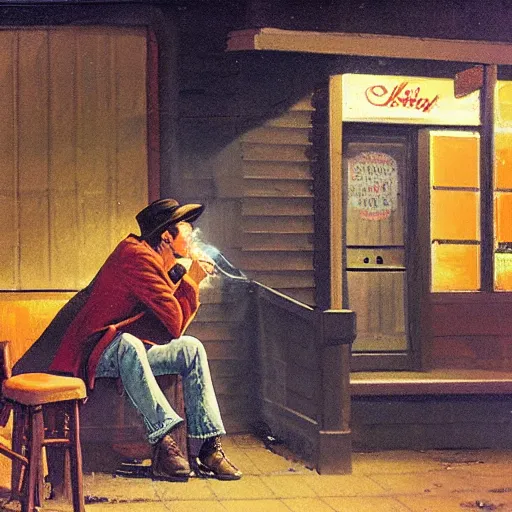 Prompt: a man in a shearling denim jacket smokes a cigarette outside a lonely colorado bar, art by angus mcbride, hd, night scene, composition inspired by gregory crewdson.