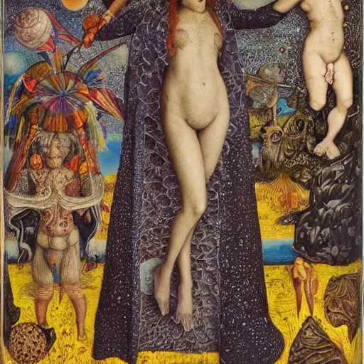 Image similar to a wide landscape with a tattood alien girl with fish scales and feathers swimming with flowers while the stars shine above by jan van eyck, ernst fuchs, nicholas kalmakoff, joep hommerson, character, full body, catsuit, max ernst, hans holbein, lace