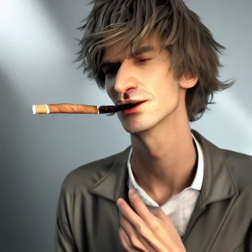 Image similar to a high quality photo of xqc smoking a cigar, 3d scene, render, ultra realistic, artstation, cgsociety