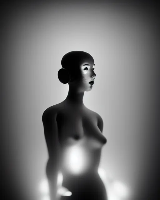 Image similar to black and white high quality photo of a female AI-doll looking into a sci-fi mirror, volumetric lighting, brutalism, foggy, dreamy, hyperdetailed, bokeh, photorealistic, cinematic, masterpiece, elegant, dark, by Man Ray in the style of Horst P. Horst, octane render, 8K,