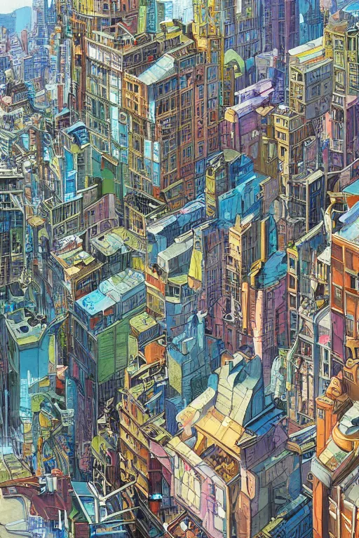 Image similar to a busy city with buildings covered in graffiti in the style of moebius, james jean, painterly, yoshitaka amano, hiroshi yoshida, loish, painterly, and artgerm, illustration