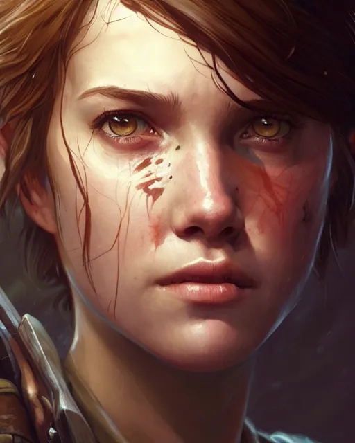 Image similar to Ellie (Last of Us), closeup, D&D, fantasy, intricate, elegant, highly detailed, digital painting, artstation, concept art, matte, sharp focus, illustration, hearthstone, art by Artgerm and Greg Rutkowski and Alphonse Mucha