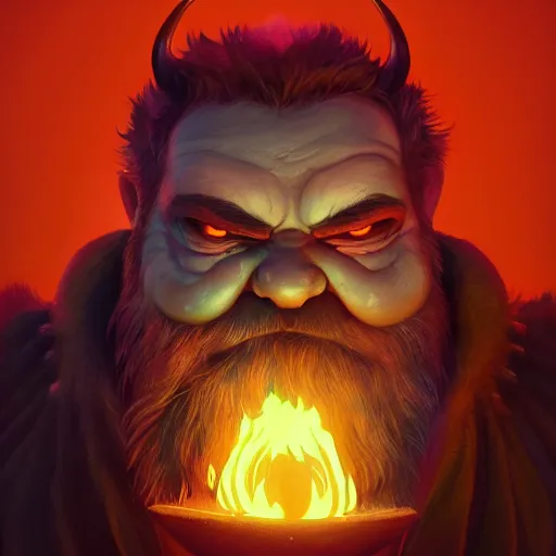 Image similar to Portrait of an evil old god, fire beard, golden eyes, huge horns, mattepainting concept Blizzard pixar maya engine on stylized background splash comics global illumination lighting artstation lois van baarle, ilya kuvshinov, rossdraws