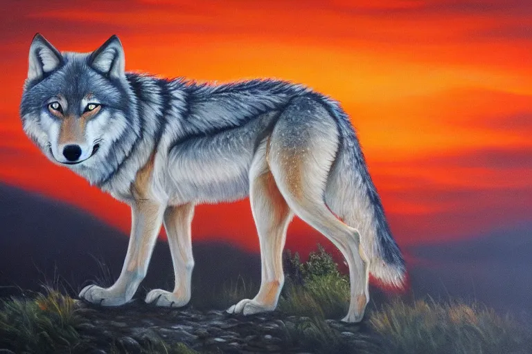 Prompt: wolf on the mountain, extremely detailed oil painting, sunset, orange gradient, 8k