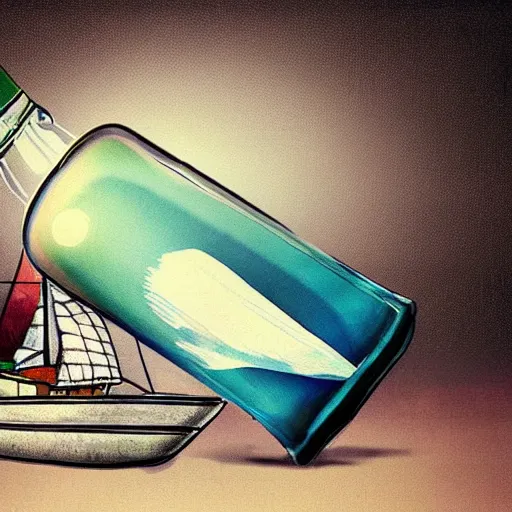 Image similar to A Ship inside a bottle lying on the table, perfect definition,