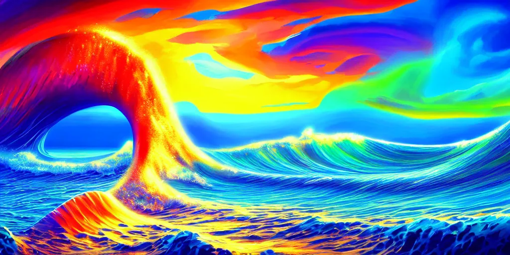 Prompt: a beach shaped like a singing mouth, the waves are made is musical notes, one wave is shaped like the mouths tongue, very colorful painting 8 k trending on art station, intricate details, very realistic, cinematic lighting, volumetric lighting,