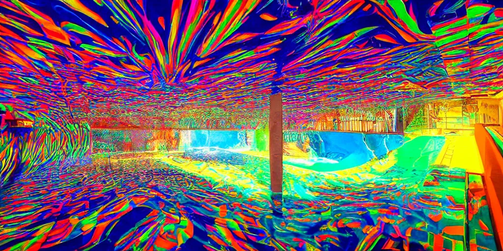 Image similar to backflip into a pool caustics lighting impressive colorful masterpiece graffiti hyper perspective textured detailed intricate