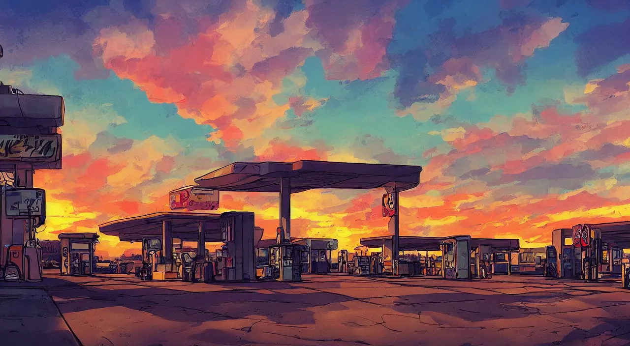 Image similar to gas station roadside south west sunset sky beautiful artstation 4 k breathtaking graphic novel concept art illustration cartoon by jack kirby