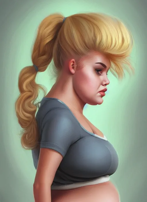 Image similar to full body teenage betty cooper, blonde hair, obese, bangs, ponytail, sultry, realistic, sultry smirk, ponytail, fluffy bangs, curly bangs, fat, belly, beautiful girl, intricate, elegant, highly detailed, digital painting, artstation, concept art, smooth, sharp focus, illustration, art by wlop, mars ravelo and greg rutkowski