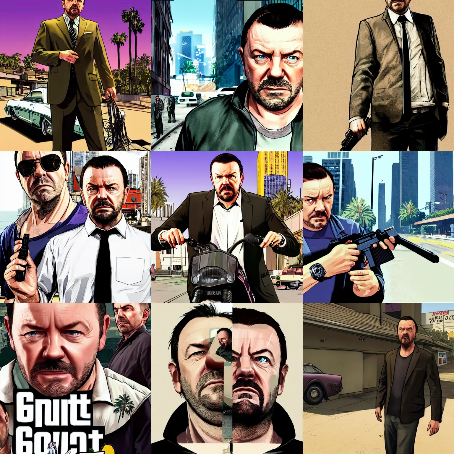 Prompt: ricky gervais in gta v promotional art by stephen bliss, no text
