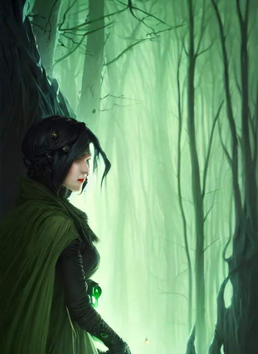 Image similar to side portrait dark witch with hood, adventurer outfit large cloak, fantasy forest landscape, moonshine, fantasy magic, undercut hairstyle, short green black fade hair, dark light night, intricate, elegant, sharp focus, illustration, highly detailed, digital painting, concept art, matte, art by WLOP and Artgerm and Greg Rutkowski and Alphonse Mucha, masterpiece