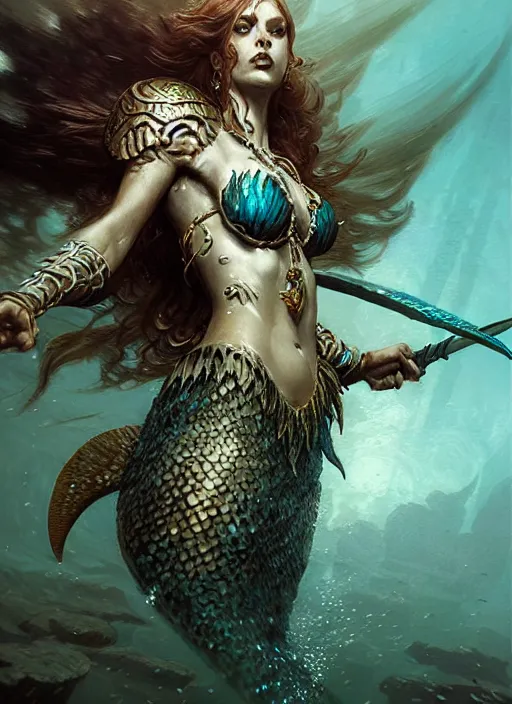 Prompt: a fierce mermaid warrior under water, fantasy character portrait, ultra realistic, concept art, intricate details, highly detailed by greg rutkowski, gaston bussiere, craig mullins, simon bisley