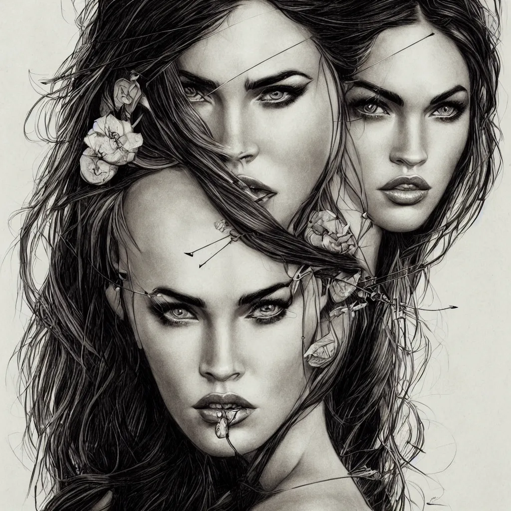 Image similar to portrait of beautiful megan fox as greek goddess aphrodite, archer, arrow on the head, beautiful piercing eyes, flowing blonde hair, realistic face, black and white drawing, in the style of greg rutkowski, fantasy, amazing detail, epic, intricate, elegant, smooth, sharp focus