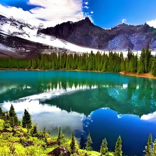 Image similar to a beautiful lake, mirror like reflection of a snow capped mountain in the backround, scenic, high detail, sunshine.