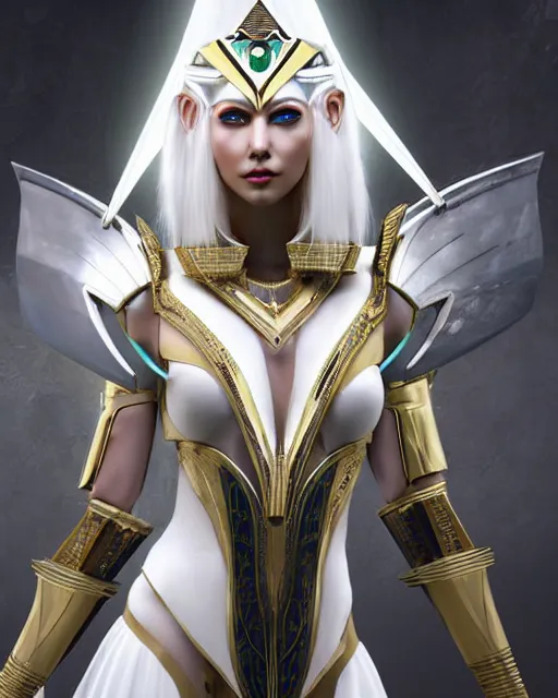 Image similar to perfect white haired attractive egyptian goddess, warframe armor, pharaoh headdress, beautiful, symmetric, dreamy, half asian, pretty face, green eyes, charlize theron, detailed, scifi platform, laboratory, experiment, 4 k, ultra realistic, epic lighting, android body, illuminated, cinematic, masterpiece, art by akihito tsukushi, voidstar