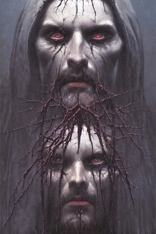 Prompt: portrait of demonic Jesus Christ in hood and crown of thorns, dark fantasy, Warhammer, artstation painted by Zdislav Beksinski and Wayne Barlowe