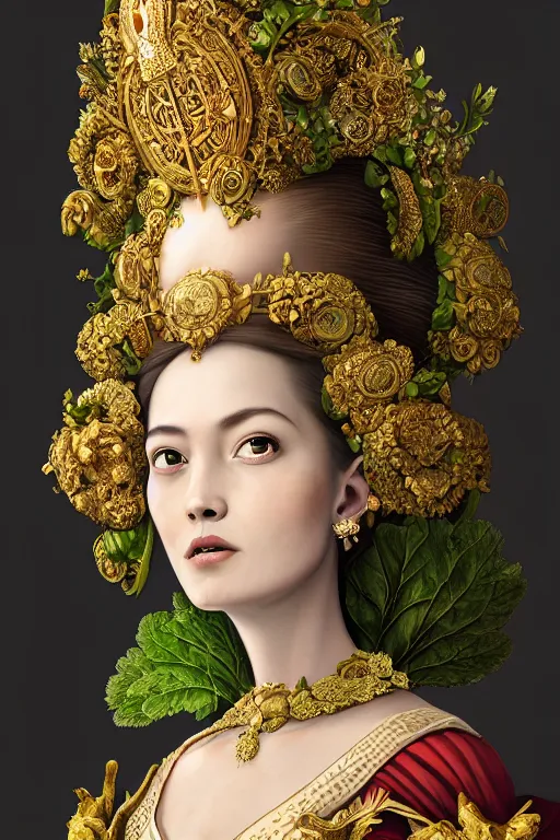 Image similar to a beautiful empress portrait, with a brilliant, impossible striking big salad headpiece, clothes entirely made out of salad, everything salad, symmetrical, dramatic studio lighting, rococo, baroque, greens, asian, hyperrealism, closeup, D&D, fantasy, intricate, elegant, highly detailed, digital painting, artstation, octane render, 8k, concept art, matte, sharp focus, illustration, art by Artgerm and Greg Rutkowski and Alphonse Mucha