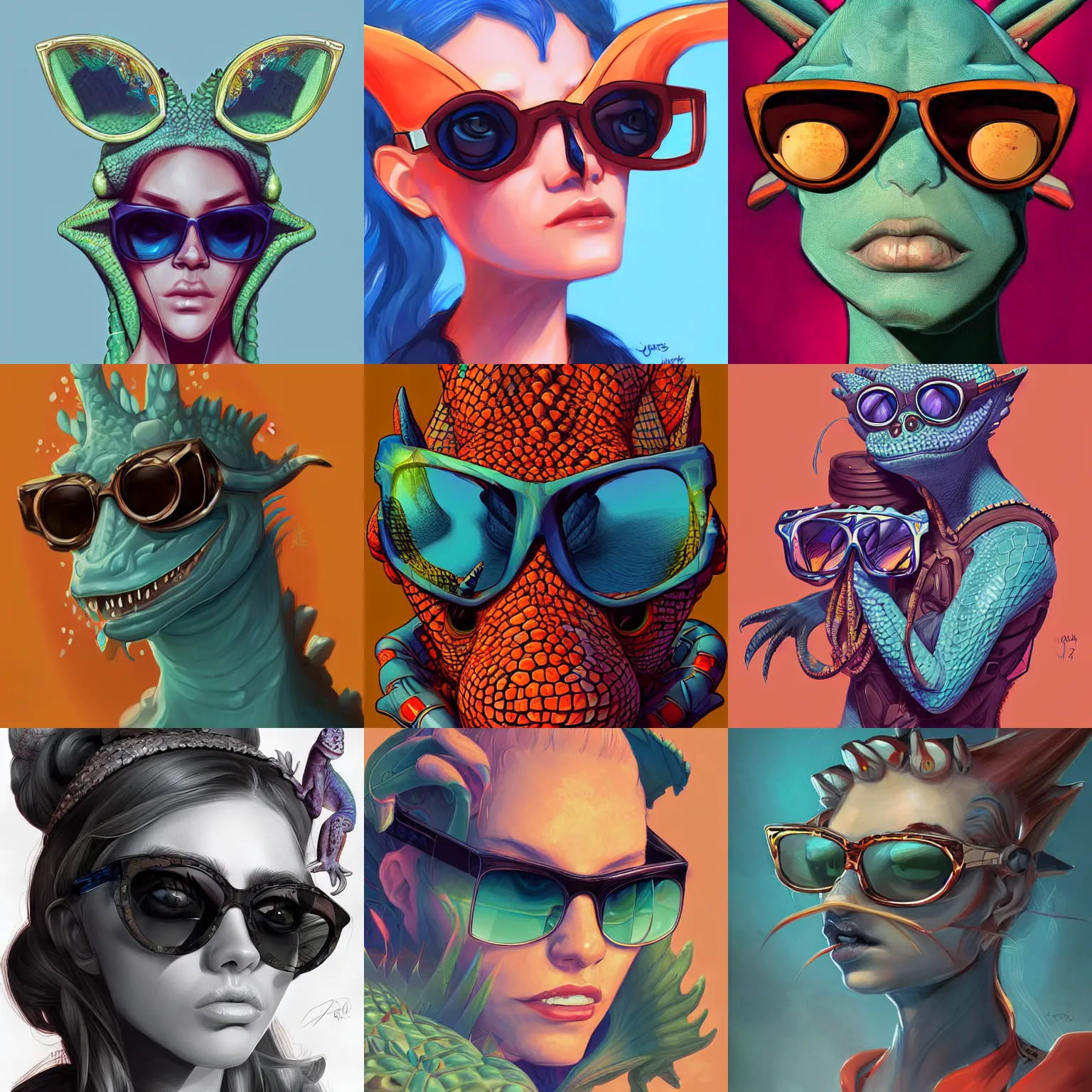 Prompt: digital art, fantasy portrait of a lizard wearing sunglasses, by james jean, by ross tran, ultra detailed, character design, concept art, trending on artstation,