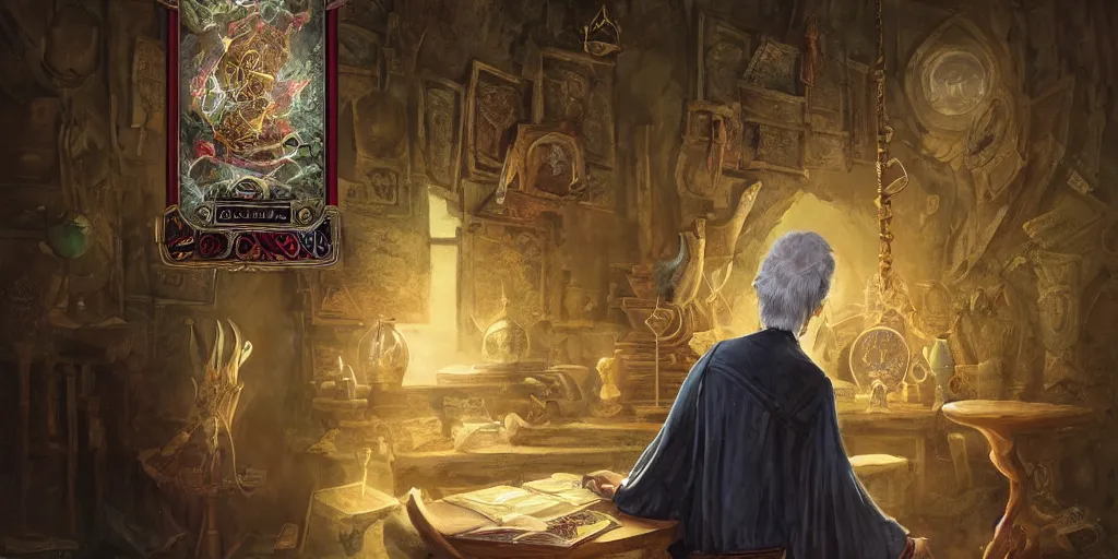 Image similar to back shot of wizened aristocrat examining the mysteries of tarot cards on a magical blackboard, fantasy art, matte painting, high quality, digital painting, artwork by tony sart