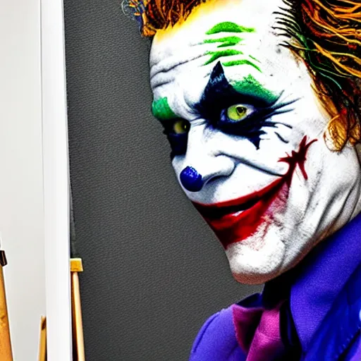 Prompt: photograph of the joker ( 2 0 1 9 ) as a professional artist, standing at an easel with paint, photograph, 3 5 mm, 8 k